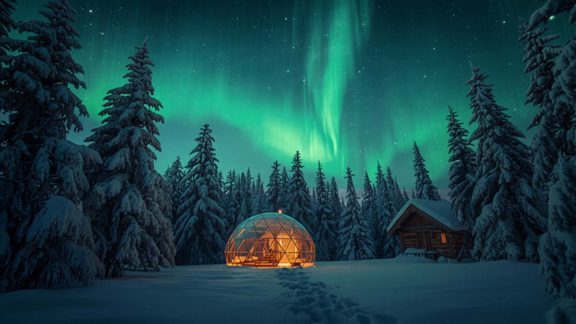 Northern Lights over a glass igloo in Lapland Finland