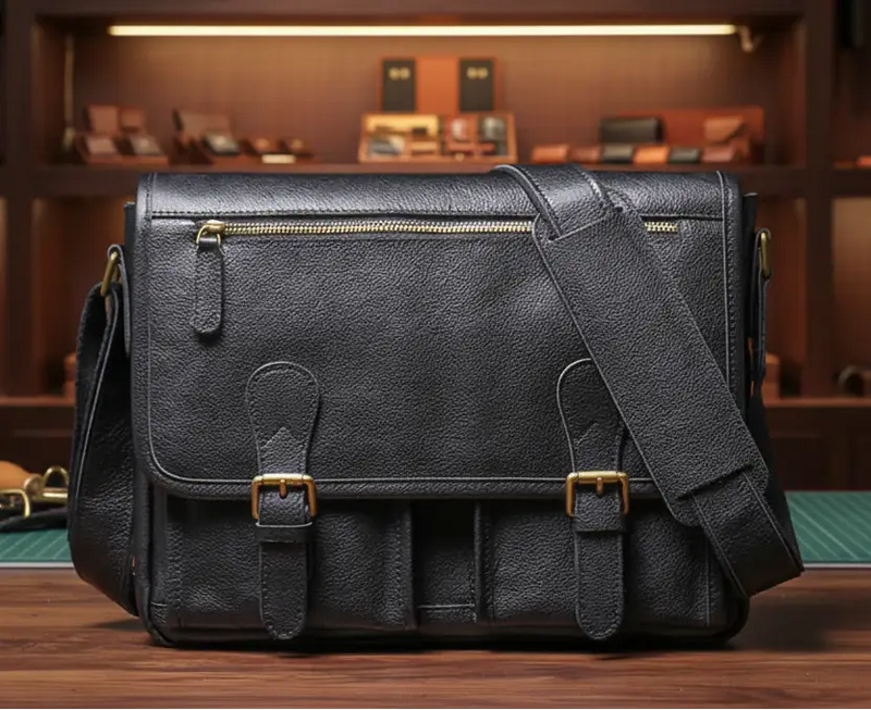 Stylish leather messenger bags online showcased on a wooden table with accessories