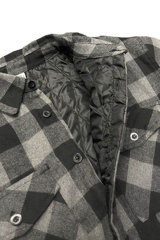 Men's black and gray flannel shirt, quilted jacket interior for warmth