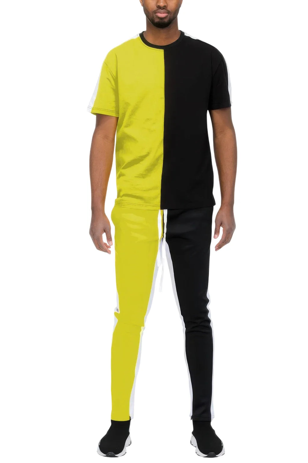 Two Tone Color Block Track Pant Jogger - Lime Black - white background