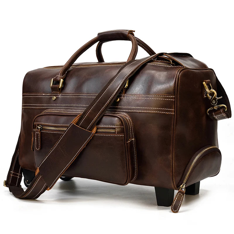 Brown leather duffle bag rolling with adjustable shoulder strap