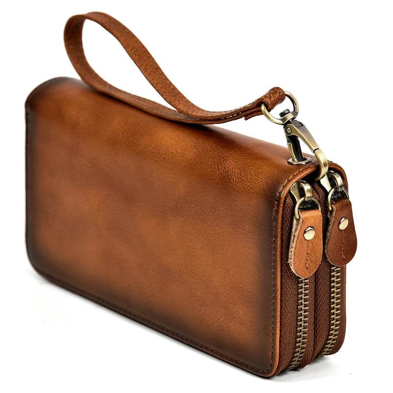 Retro Crazy Horse Leather Double Zipper Wallet for Men & Women - VacationGrabs