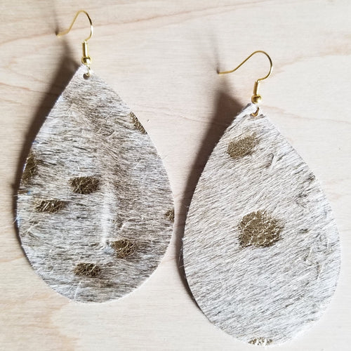 Leather teardrop earrings, cream and gold hair-on-hide