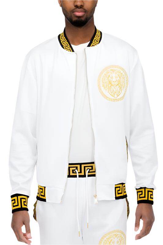 Men's white bomber jacket with gold accents for casual wear