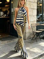 Women's striped halter top and flared pants, perfect for stylish outings