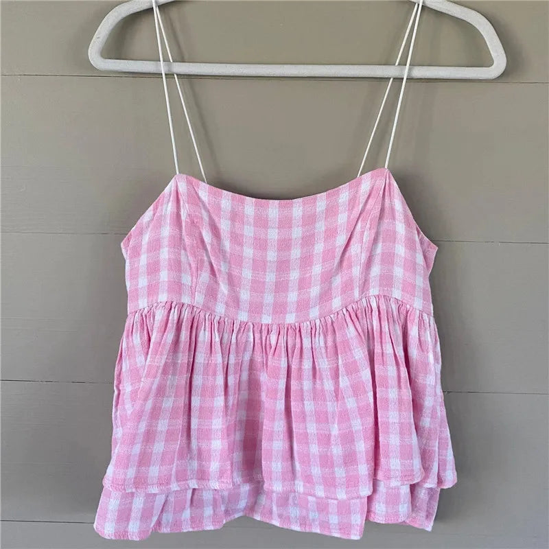 Pink gingham babydoll top for casual summer outings