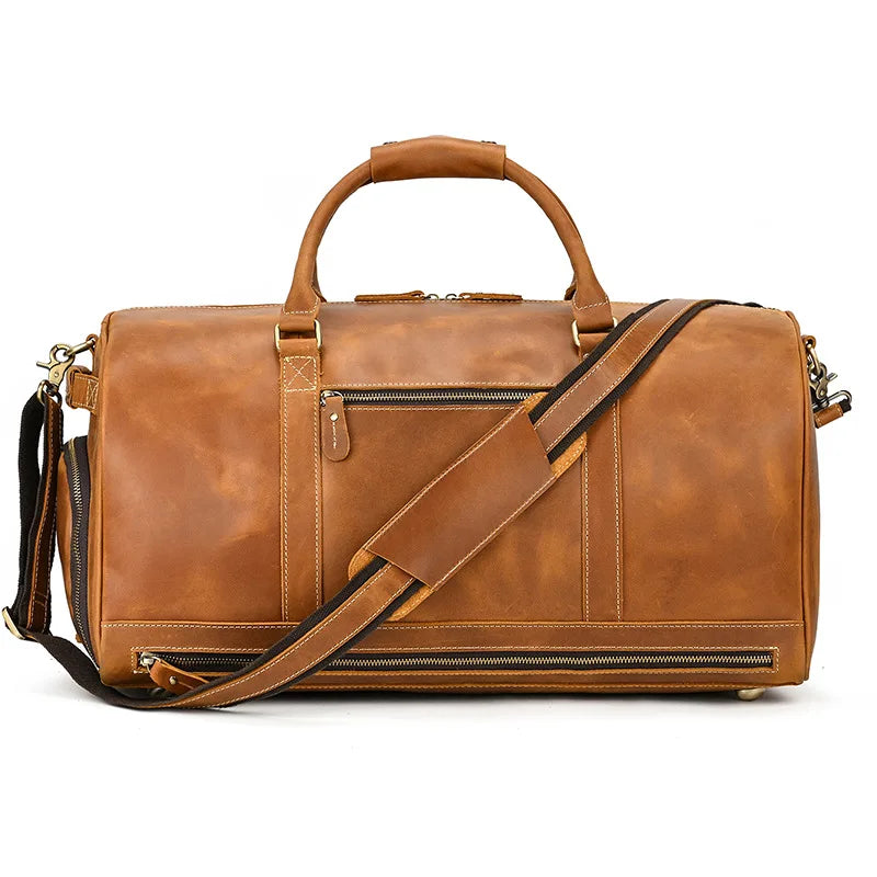 Brown leather bag duffel for travel with adjustable shoulder strap