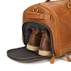 Brown leather duffel bag with spacious interior for shoes