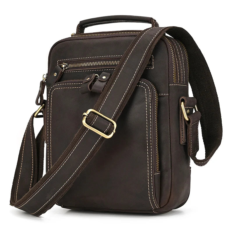 Brown leather messenger bag with adjustable strap for casual use
