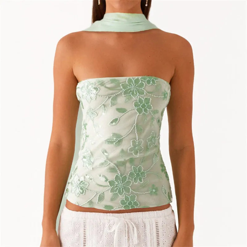Women's green beaded camisole, stylish floral design for summer outings