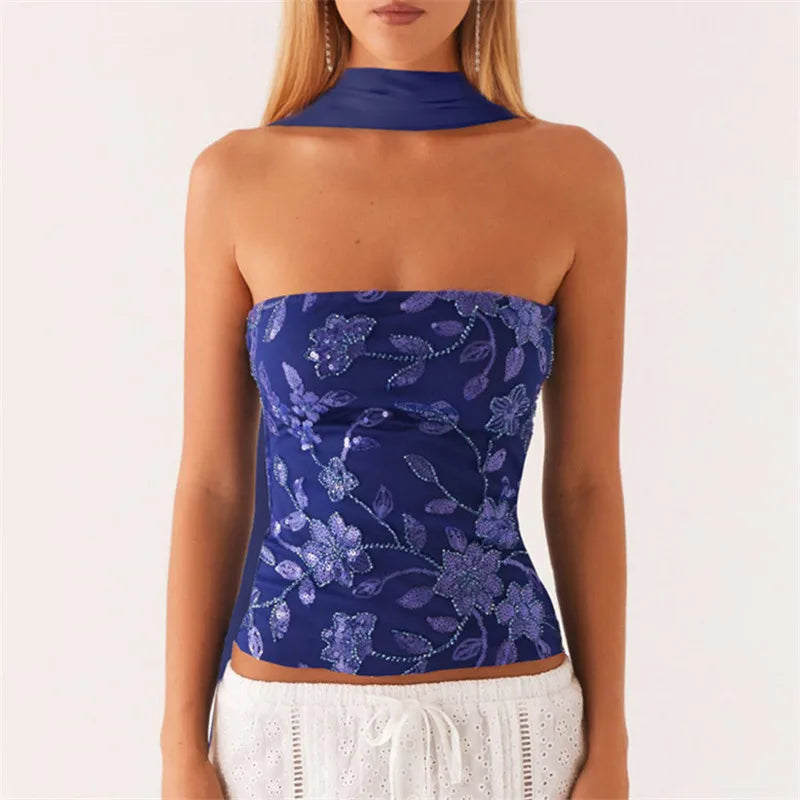 Women's blue beaded camisole, perfect for summer outings and events