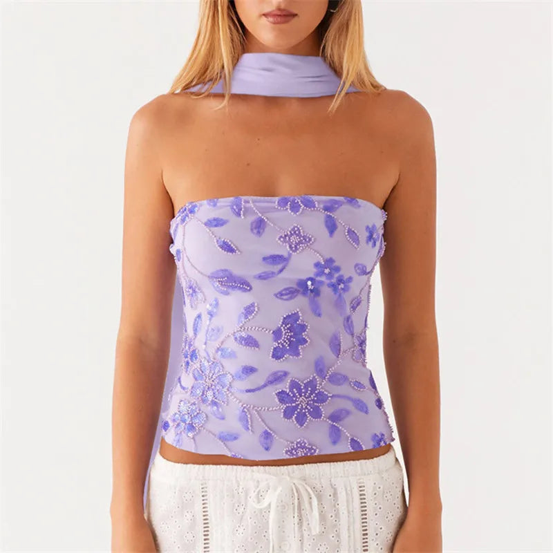 Women's beaded camisole in lavender with floral embroidery for stylish summer wear