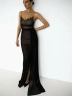 Elegant black sheer and bodycon dress for evening events
