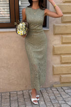 Women's olive green lace cocktail dress, perfect for summer parties