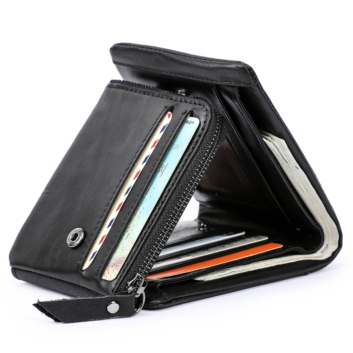 Black leather wallet for men with multiple card slots and zipper compartment