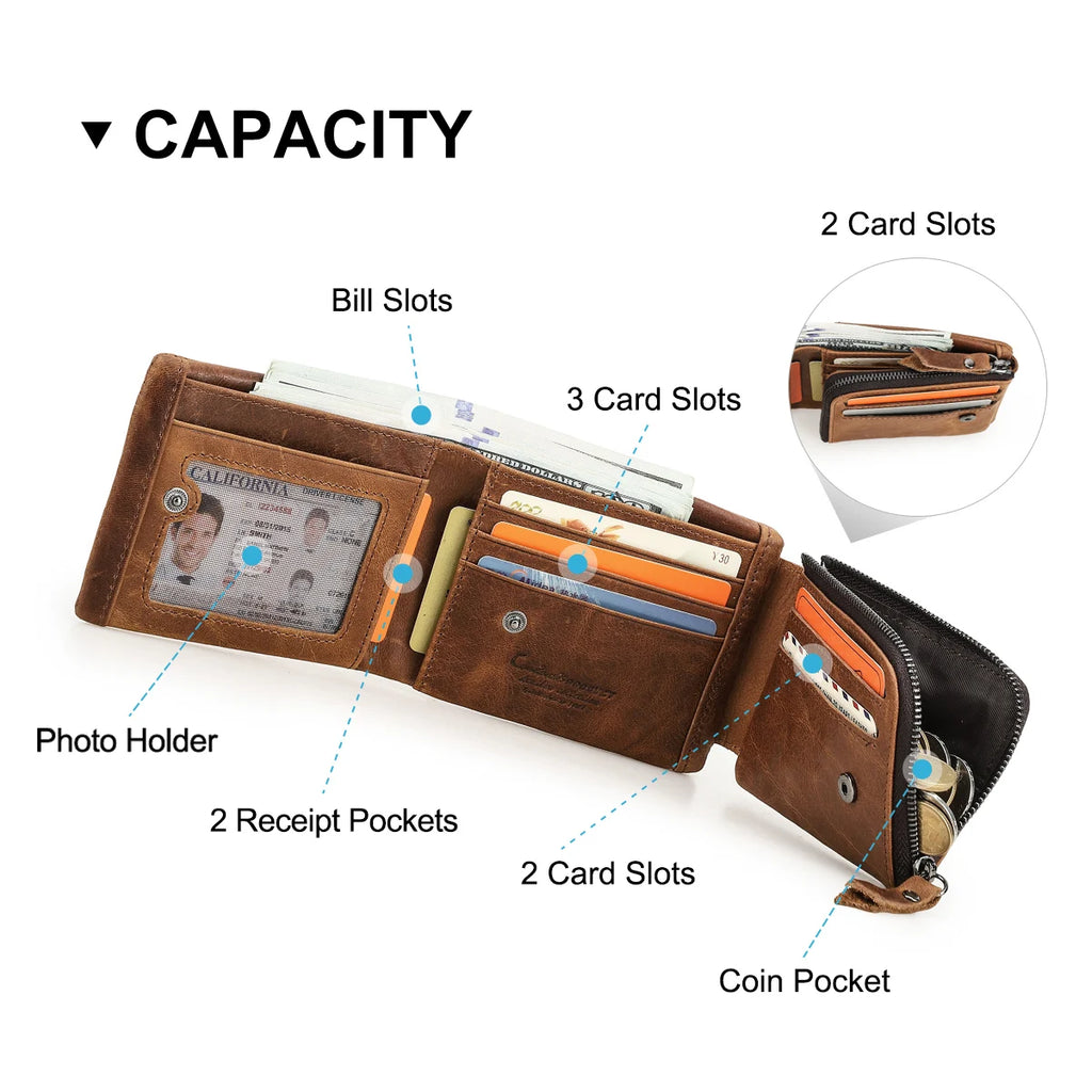 Brown leather wallet for men with multiple card slots and a coin pocket