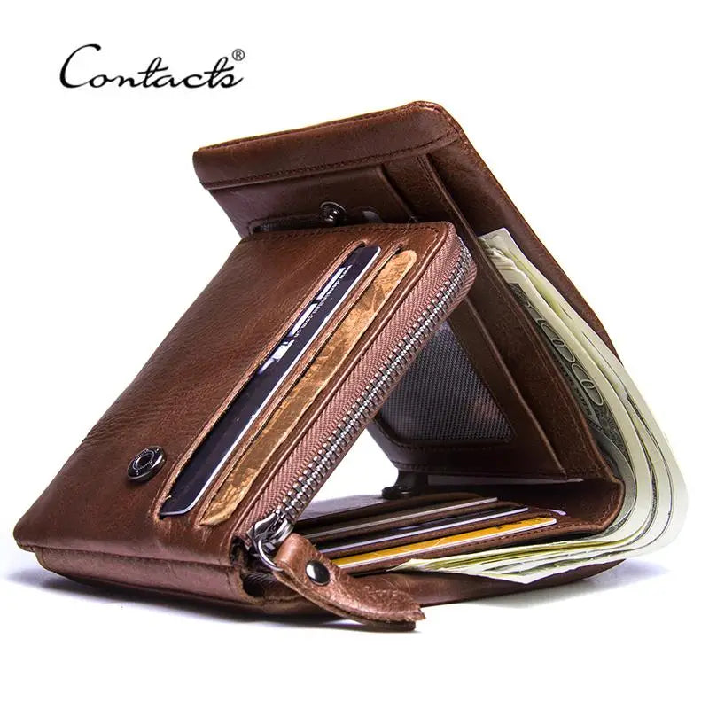 Brown leather mens wallet with multiple card slots and cash compartment
