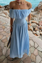 Women's blue corset dress made from lightweight fabric, perfect for beach outings