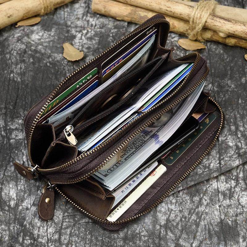 Interior view of a crazy horse leather wallet with multiple card slots and zipper compartment