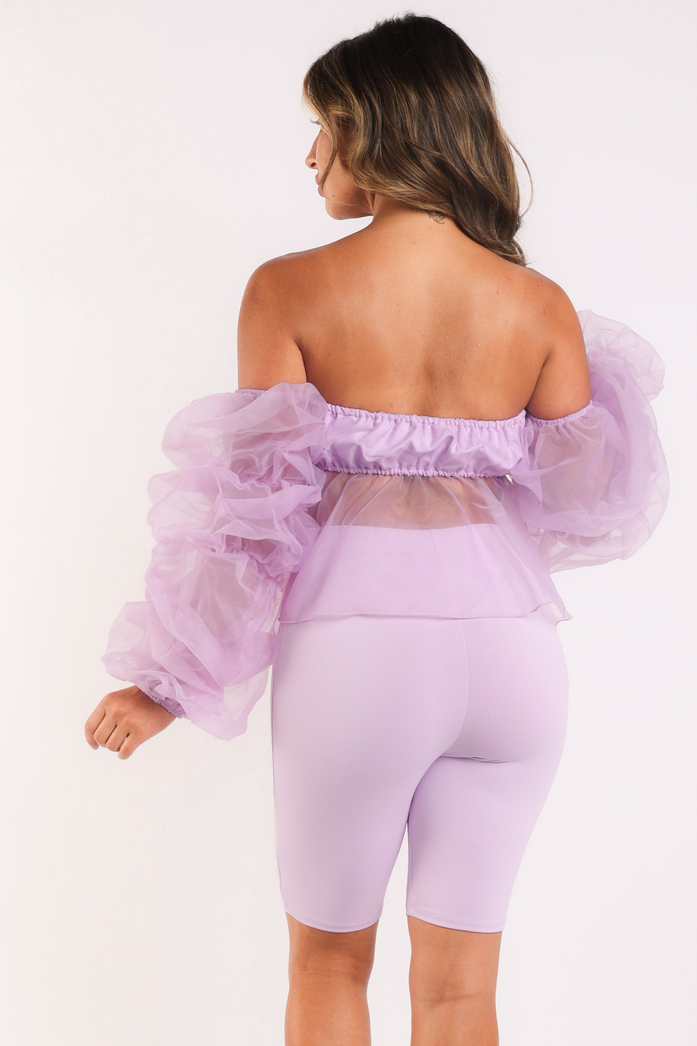 Organza Sleeve Detailed Top & Matching Shorts 2 Piece Set lavndr