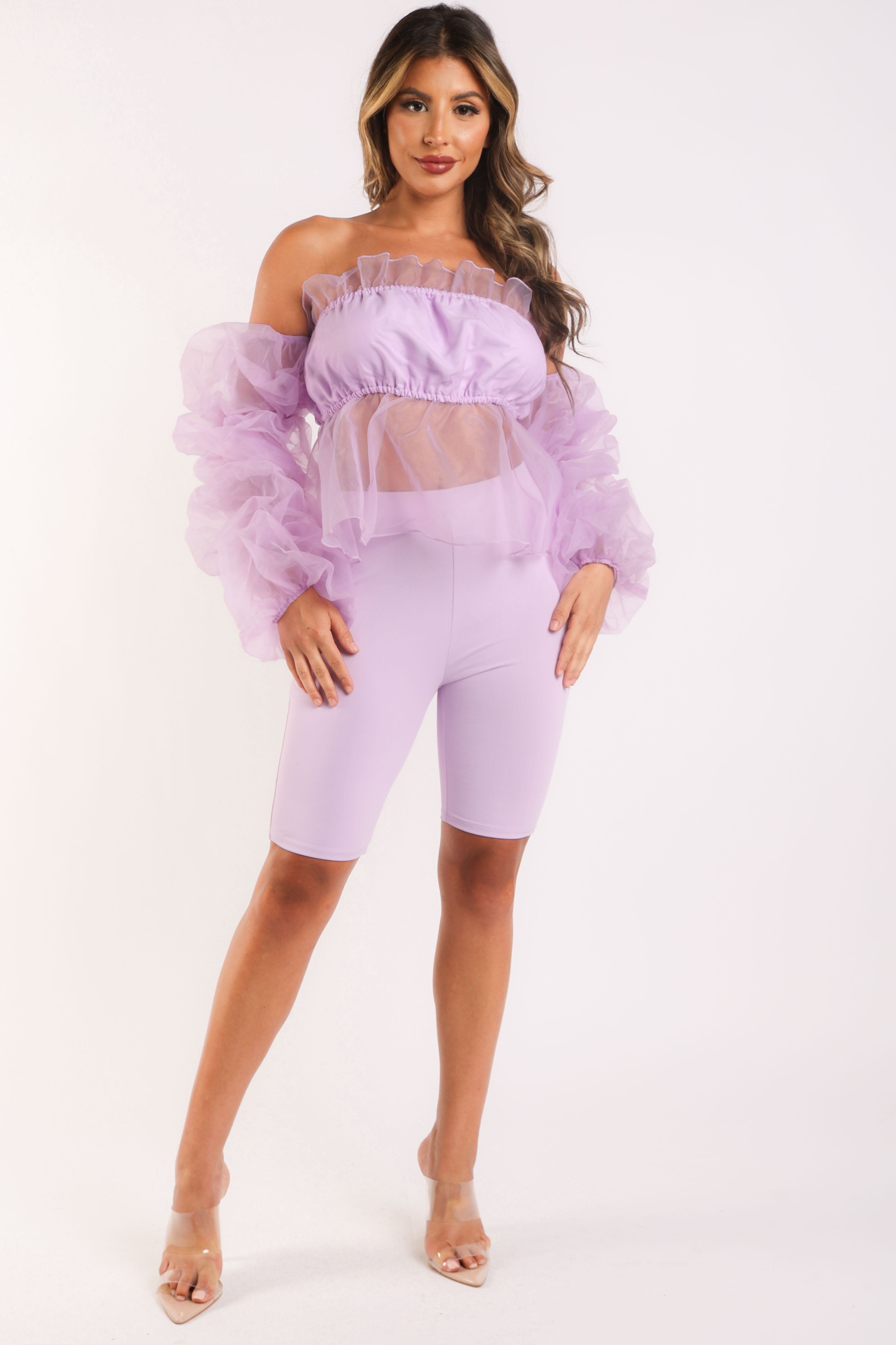 Organza Sleeve Detailed Top & Matching Shorts 2 Piece Set lavndr