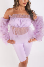 Organza Sleeve Detailed Top & Matching Shorts 2 Piece Set lavndr