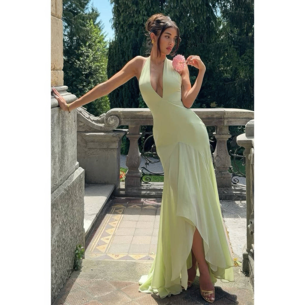 Women's lime green halter neck maxi dress for special occasions