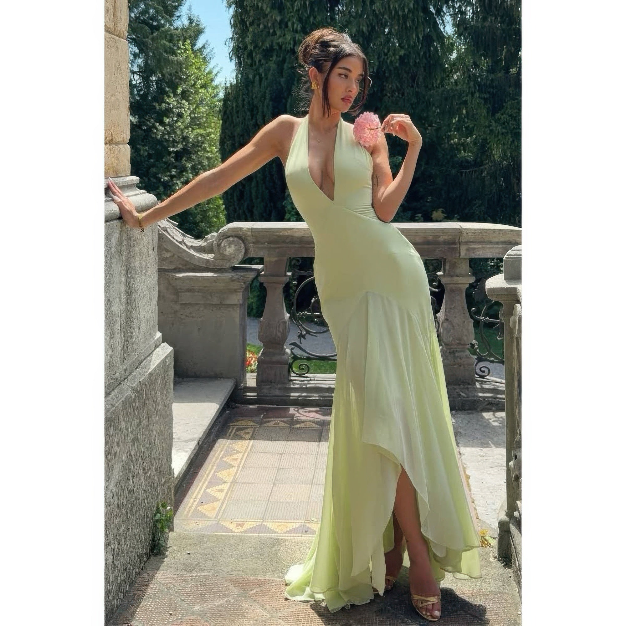 Women's lime green halter neck maxi dress for special occasions