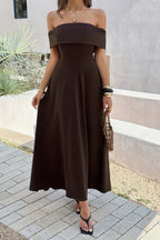 Women's off the shoulder dress in brown, perfect for summer events