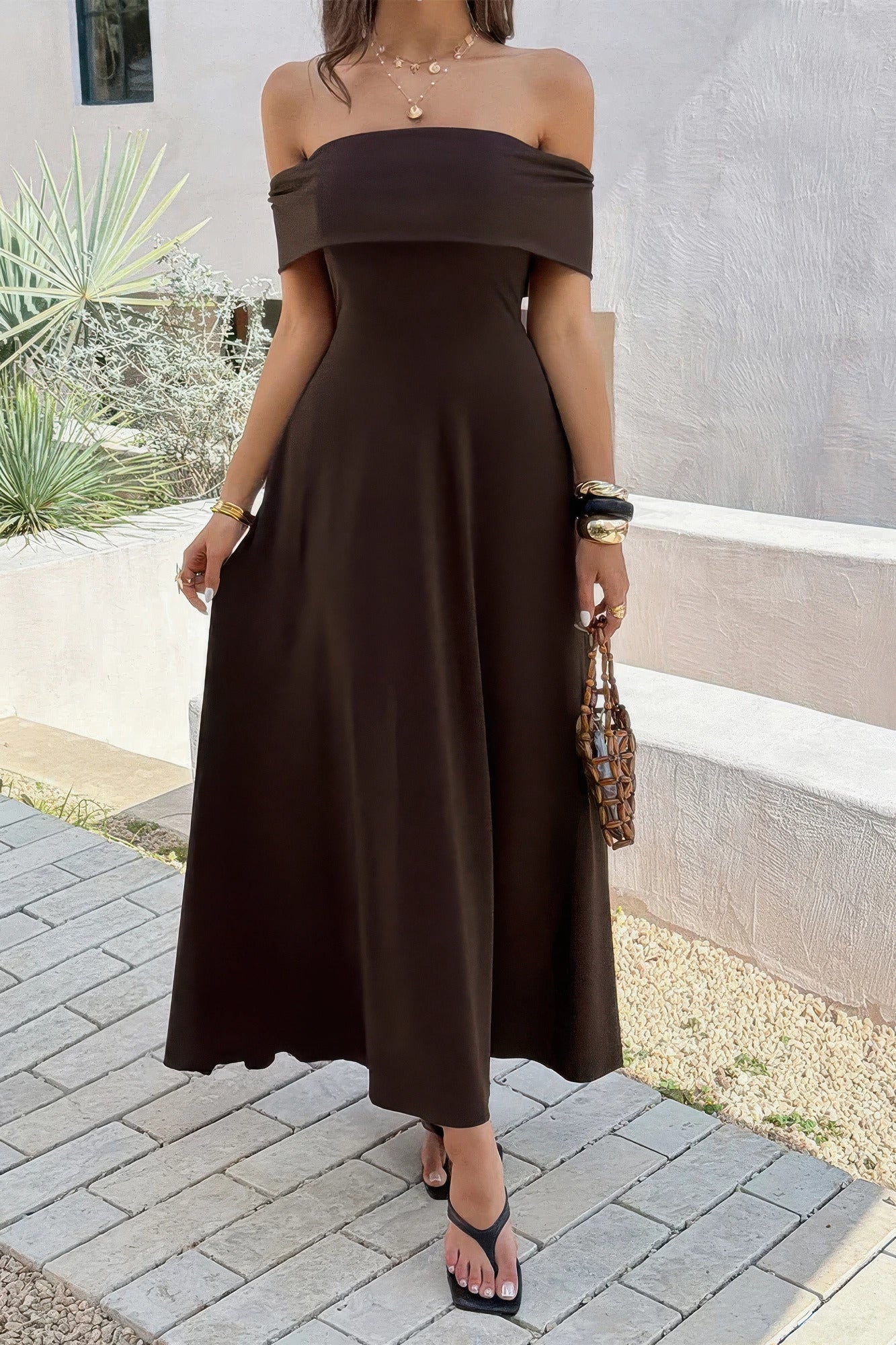 Women's off the shoulder dress in brown, perfect for summer events