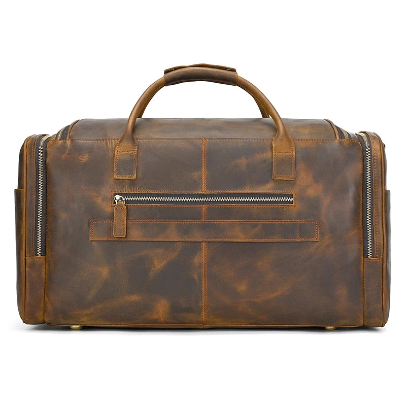 Brown leather duffle bag, perfect for travel and weekend getaways