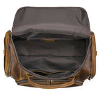 Brown leather duffle bag with spacious interior, ideal for travel