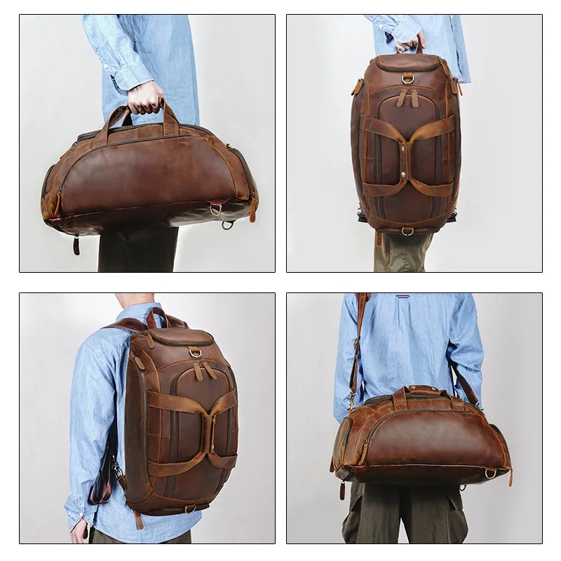 Brown leather duffle bag, ideal for travel and outdoor adventures