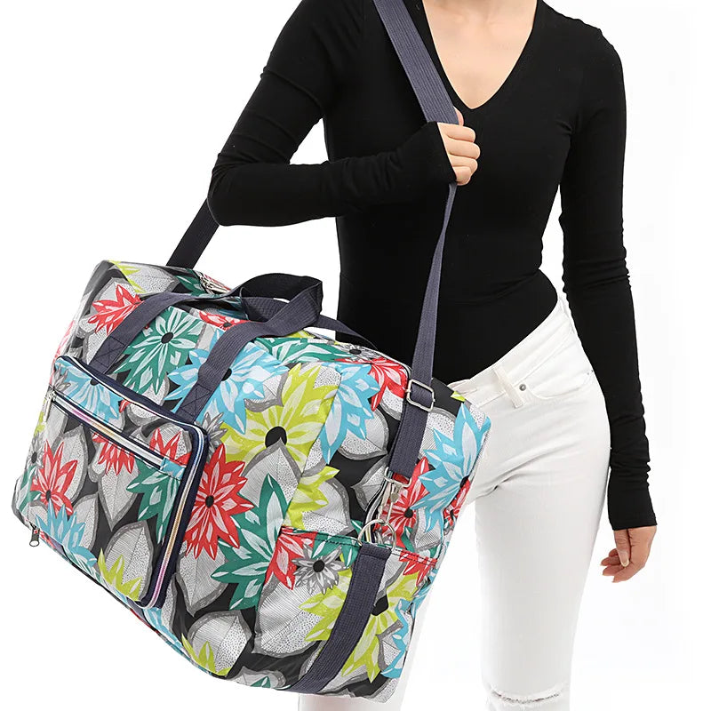 Colorful floral duffle bag, perfect for travel and gym use