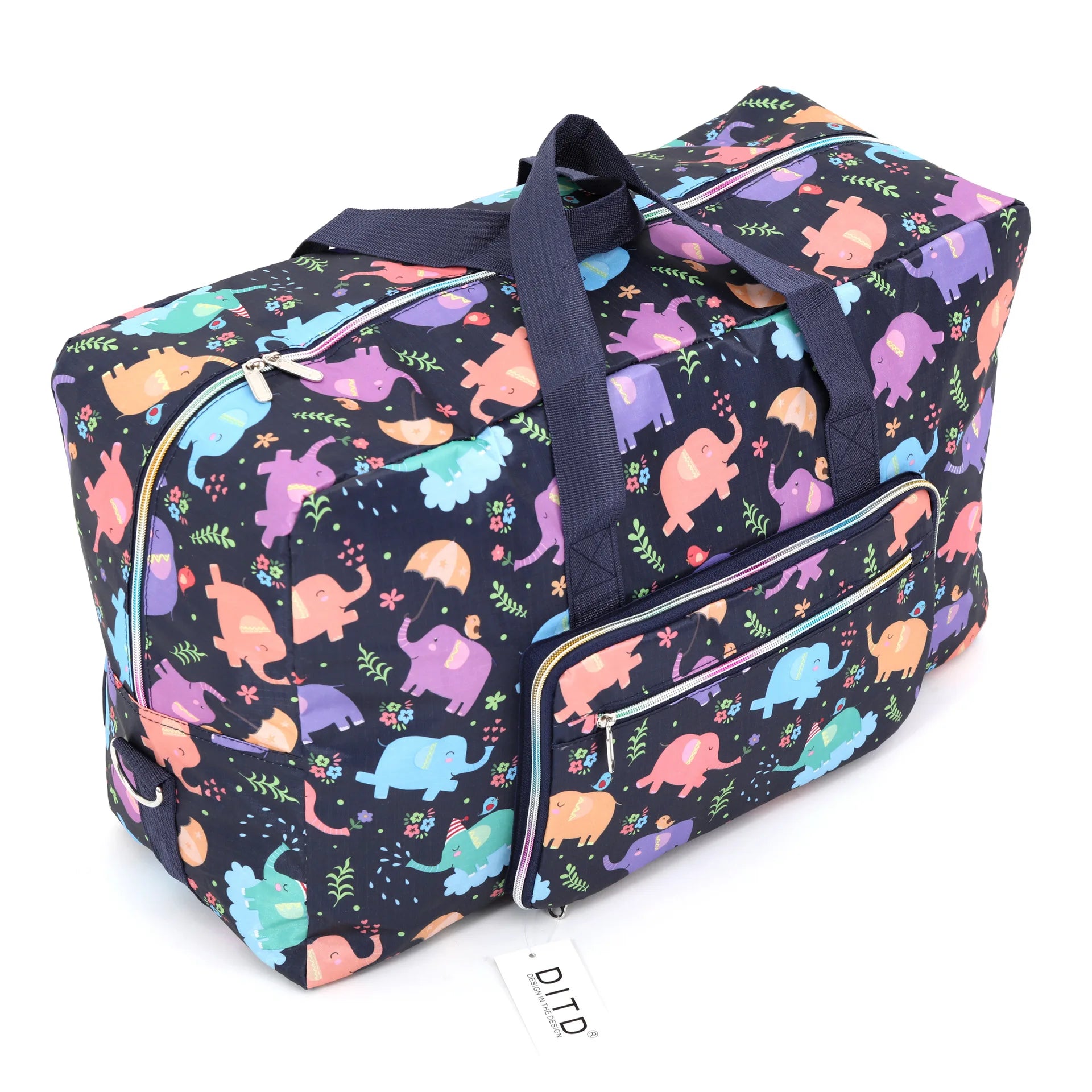 Colorful elephant print duffle bag, perfect for travel or gym use