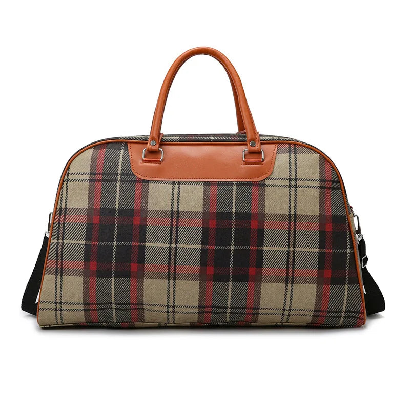 Plaid duffle bag with leather handles for stylish travel