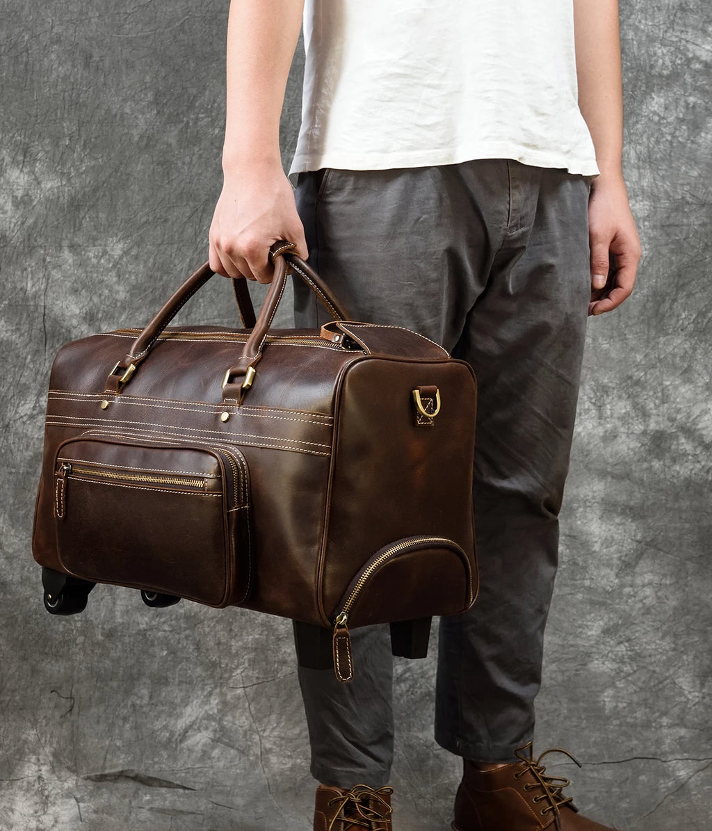 Brown leather duffle bag rolling for stylish travel and convenience