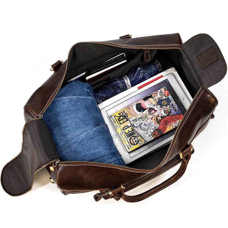 Brown leather duffle bag rolling with spacious interior for travel essentials