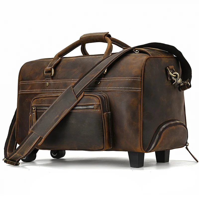 Brown leather duffle bag rolling, perfect for travel and storage