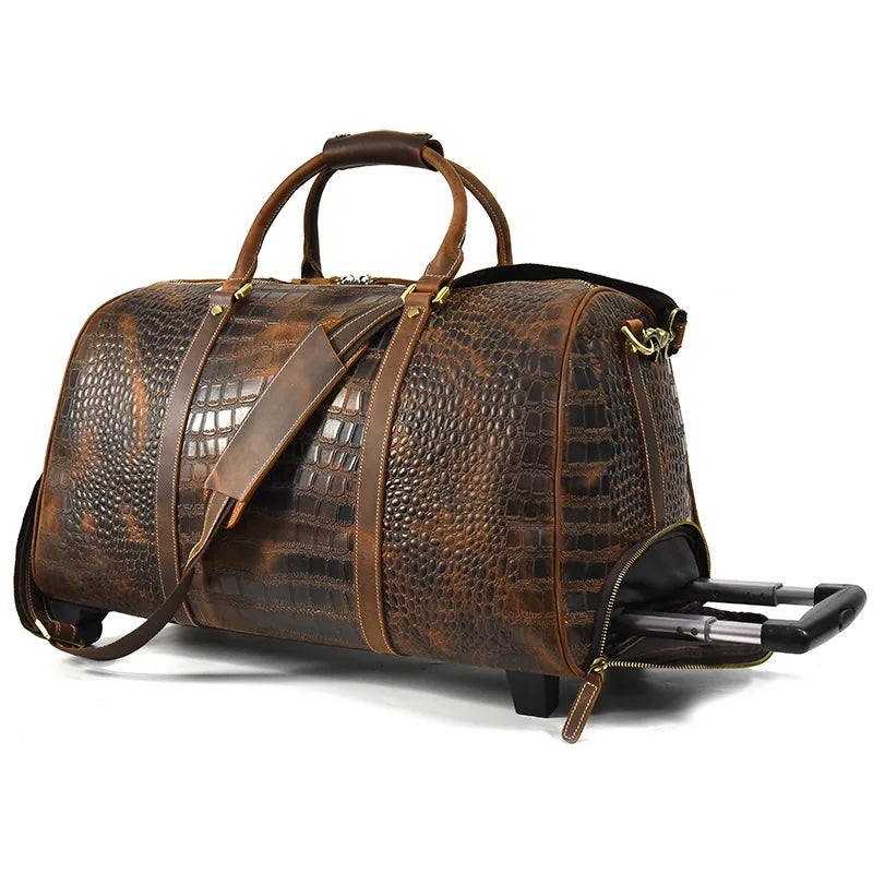 Brown leather duffle bag rolling with textured design for stylish travel
