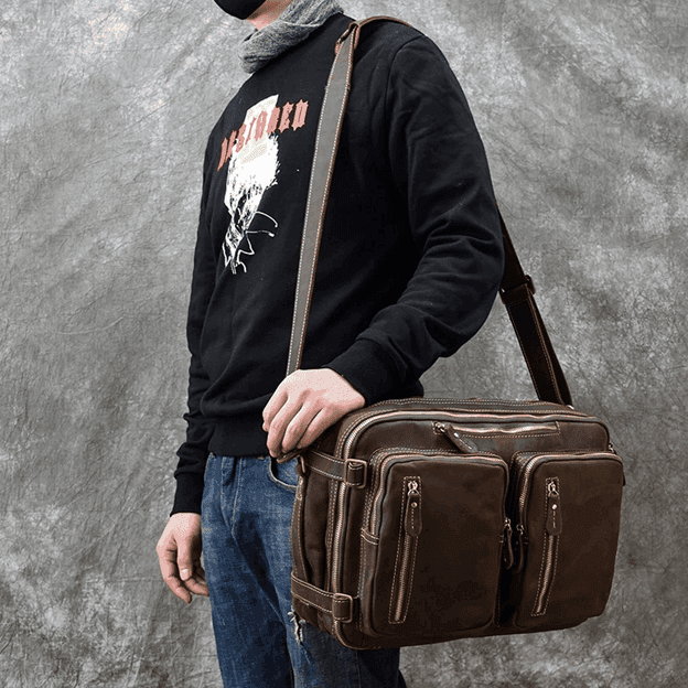 Genuine leather backpack briefcase in brown with multiple zip pockets for stylish and functional travel