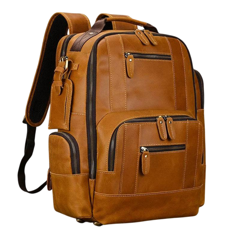 Brown leather backpack with multiple pockets and zippers on a white background