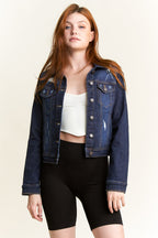 Women's distressed denim jacket for casual outings, in dark blue