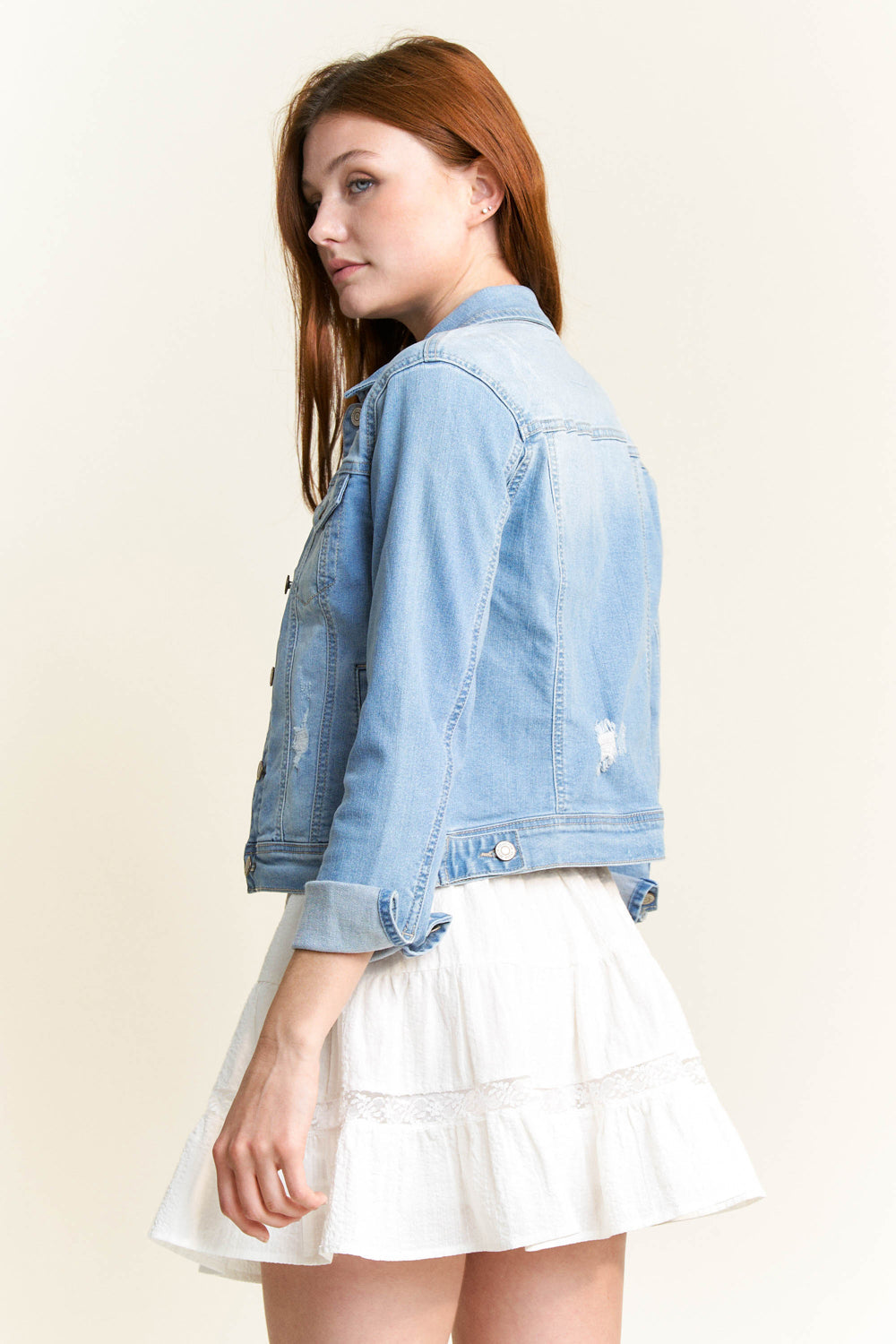 Women's light blue denim jacket from Shop ENJEAN, perfect for casual outings