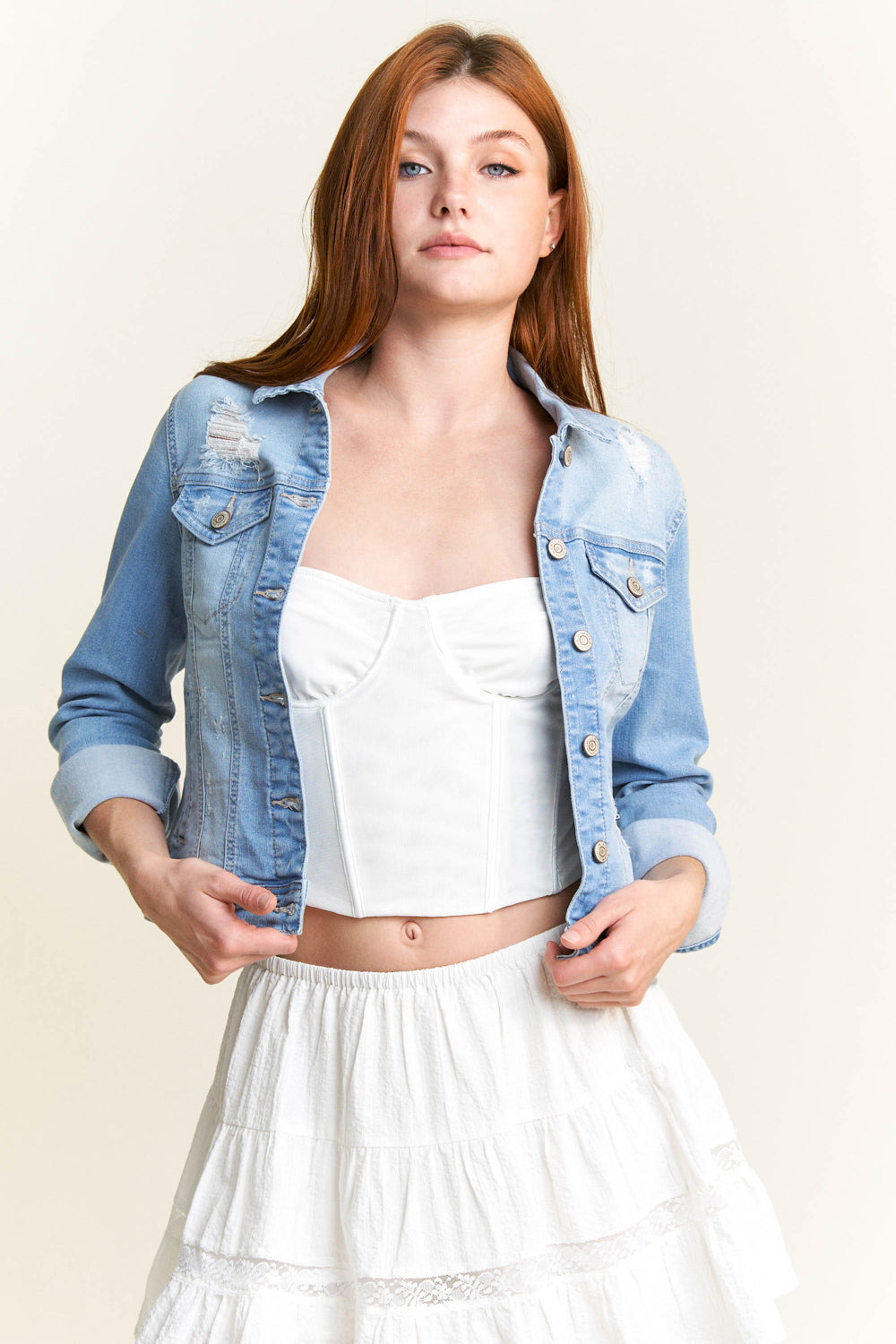 Women's light blue denim jacket by Shop ENJEAN for casual outfits