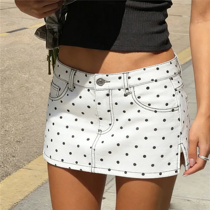 Women's white polka dot denim skirt, casual summer wear