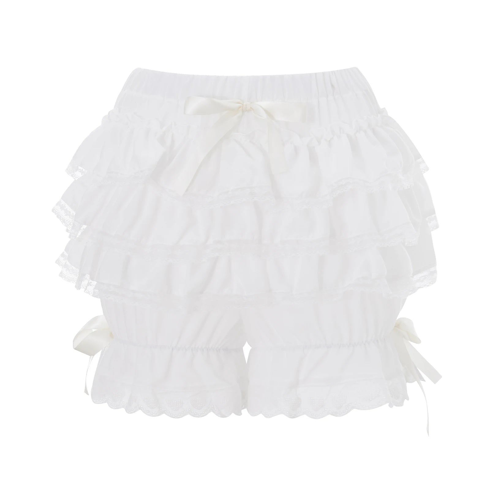 Women's white lace bloomers with ruffles and tie details for summer wear
