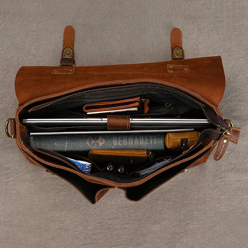 Brown leather laptop and bag with spacious interior for organizing essentials