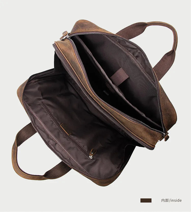 Brown leather briefcase with spacious interior and dual compartments