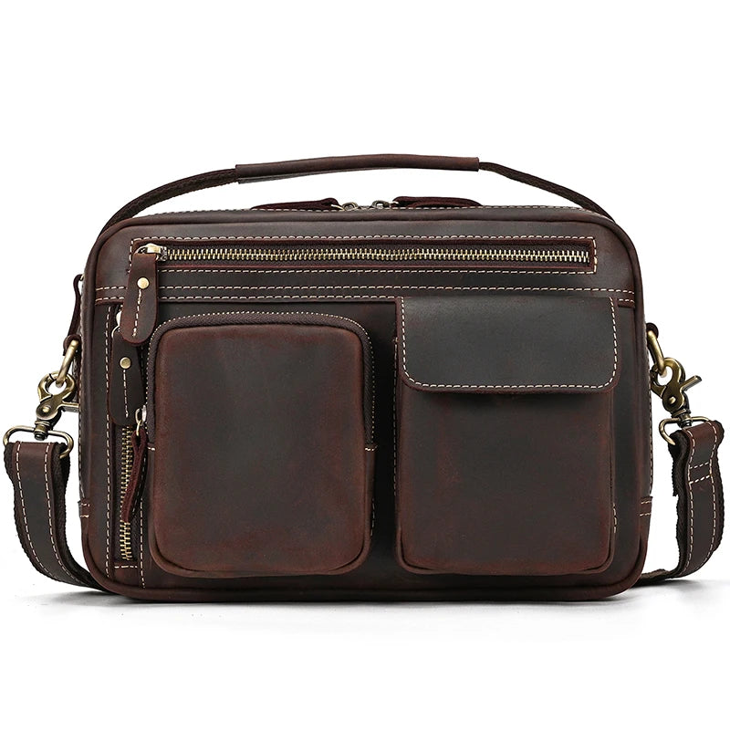 Brown leather crossbody mini bag with multiple pockets for travel